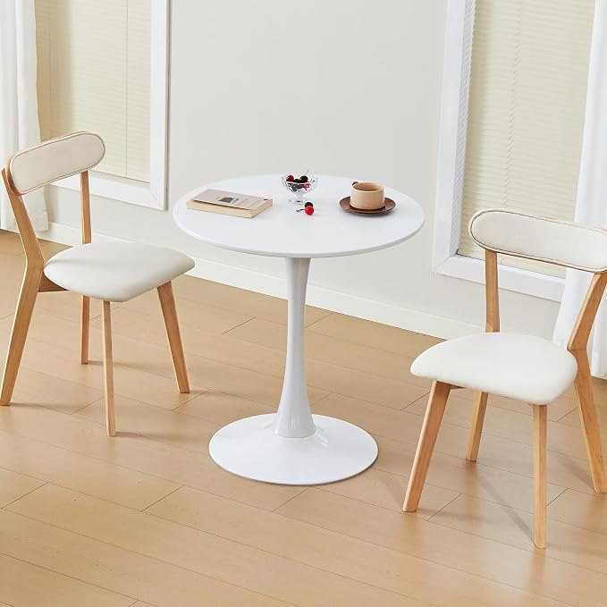 Round Dining Table, 27.6" Circle Tulip Table with Thickened Tabletop & Metal Pedestal, Mid Century Modern Bistro Table for Kitchen, Small Places, Living Room, Cafe (White)