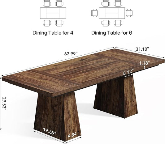 LITTLE TREE Dining Table for 4-6 People, Wooden Table, Rectangle Furniture with Heavy Duty Legs, Modern Kitchen Table for Home, Dining Room, Brown
