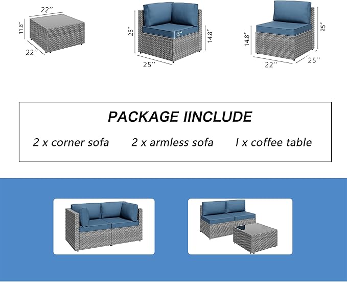 5 Piece Outdoor Patio Furniture Set,Silver PE Rattan Wicker Sectional Sofa, All Weather Conversation Set with Washable Cushions & Glass Coffee Table for Backyard Poolside Garden Porch,Navy Blue