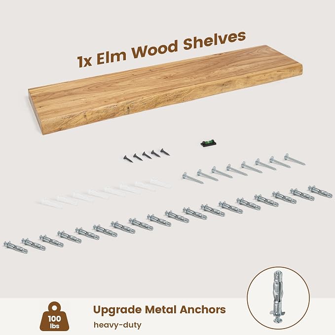 Venusmiles Live Edge Elm Floating Shelves for Wall Decor, Rustic Solid Wood Shevles Wall Mounted with Invisible Bracket for Living Room Bathroom Bedroom Kitchen, 40 Inch Set of 1, Natural