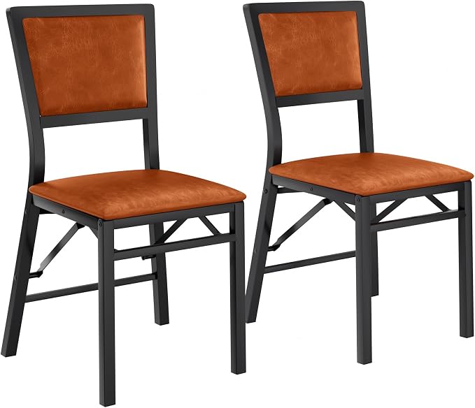 VECELO Folding Dining Chairs Set of 2, Metal Padded Foldable Seating with Comfortable Faux Leather, Space-Saving Portable Guest Seats for Kitchen & Office, No Assembly, Cognac Brown