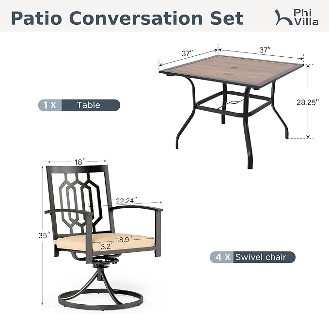 PHI VILLA 5 Pieces Outdoor Dining Set for 4, 37” Square Wrought Iron Table with Ploywood Tabletop & Swivel Metal Steel Chairs with Cushions, Outside Furniture Set for Patio, Porch, Deck, Backyard