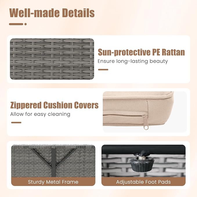 Tangkula Patio Rattan Daybed with 4-Level Adjustable Backrest, Outdoor PE Wicker Loveseat with Storage Ottoman & Folding Side Table, Double Sunbed for Balcony, Backyard & Poolside, Beige & Grey