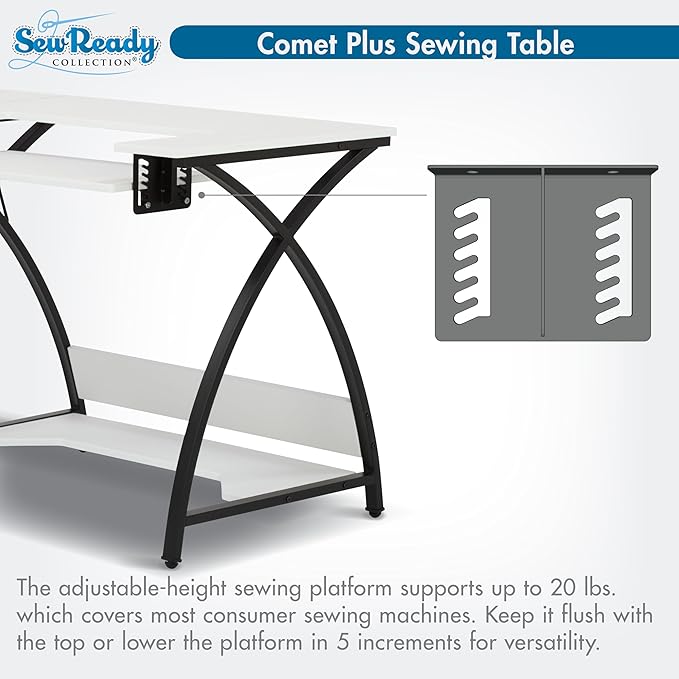 Sew Ready Comet Plus Hobby Sewing Table, 45.5 x 23.5" Overall Platform Size w/ Large Lower Storage Drawer, 2 Side Shelves & Cloth Drawer, Black/White