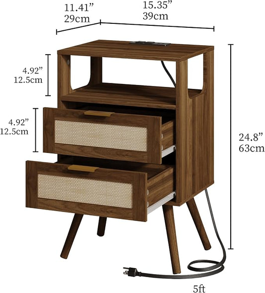 JOONEE Rattan Nightstand with Charging Station,Farmhouse Bedside Table with 2 Storage Drawer and Open Wood Shelf, for Bedroom and Small Spaces,Night Stand with Solid Wood Legs (Walnut Brown-Outlet)