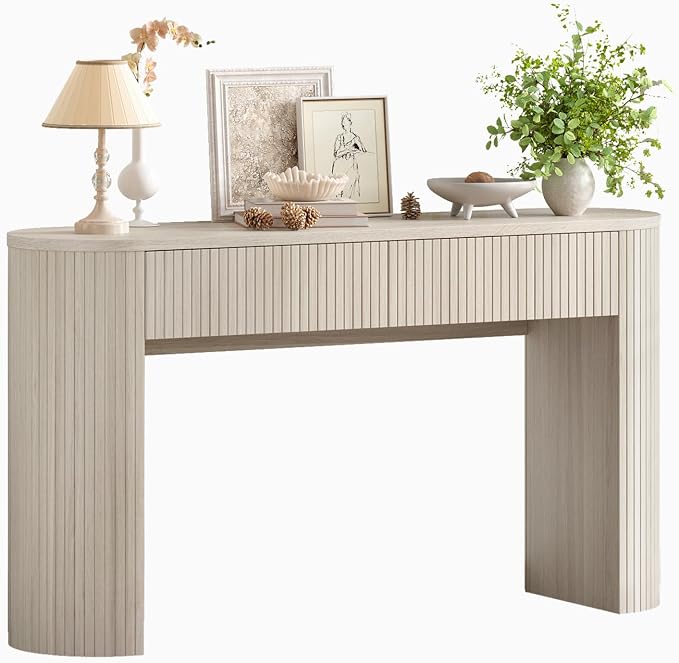 ONBRILL 55 Inch Console Table with 2 Drawers, Entryway Tables with Storage, Sofa Table Behind The Couch, Hallway Tables, Natural White