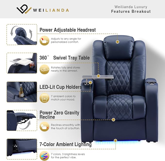 Weilianda Home Theater Seating Top Grain Leather Zero Gravity Recliner Chair Power Headrest Recline Movie Seat Gaming 7 Colors Mood Light Sofa with Tray Table USB Charge Row of 2 Loveseat Blue
