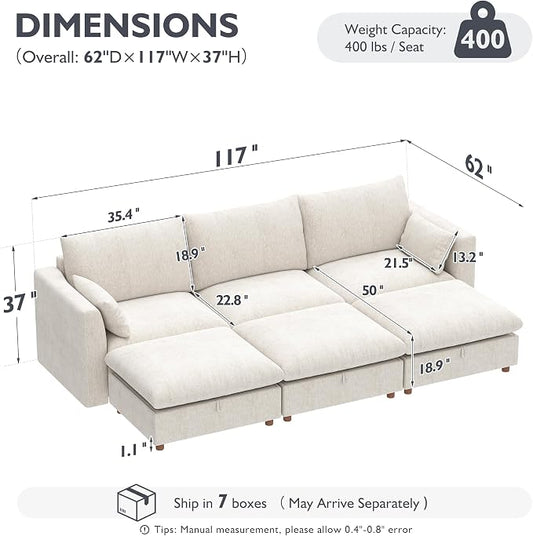 Ihanherry 117" Oversized Modular Sectional Sofa, Modern Cloud Couch with 3 Storage Ottoman, 6-Seat Comfy Chenille Deep Seat Sofa with 2 Pillows for Living Room, Beige