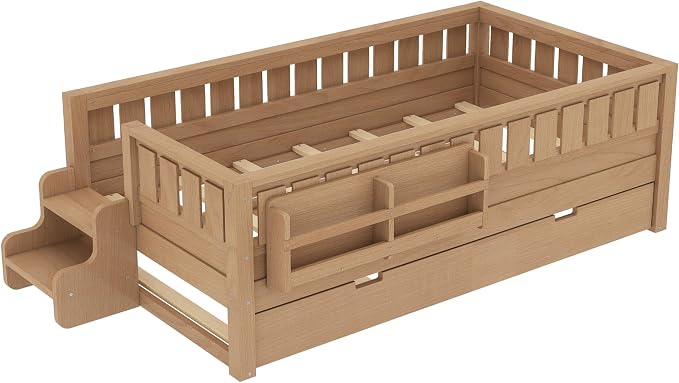 Bellemave Twin Size Kids Bed with high Rails and with Built-in Bookshelf and Trundle for Kids, Girls, Boys, Wood Montessori Bed Without Door, Natural