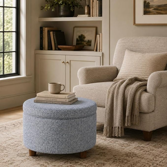 HomePop 24" Large Round Storage Ottoman - Blue Gray Woven Fabric