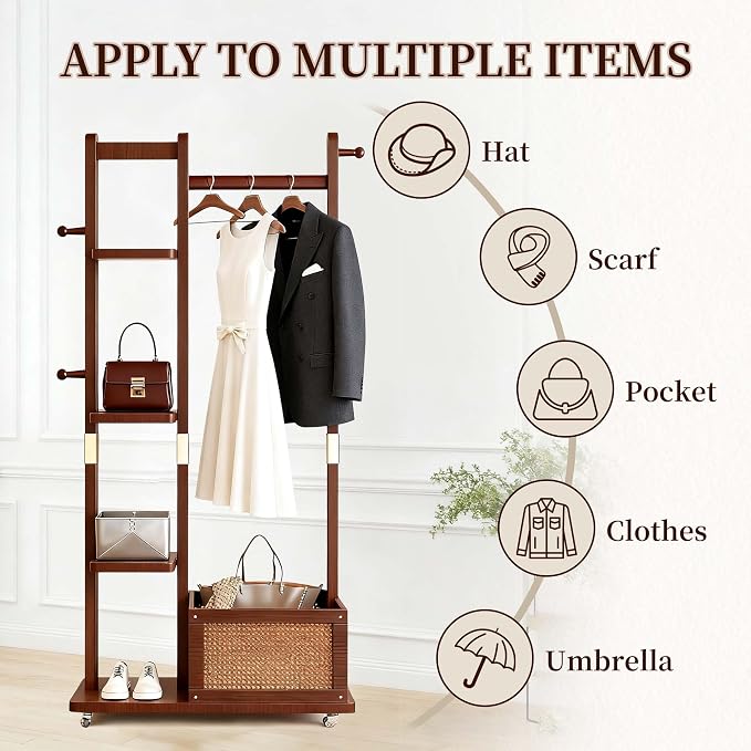 Wood Clothes Rack with Storage, 4 Shelves, 4 Hooks, Garment Rack with wheels, Coat Rack Freestanding, Clothing Rack Heavy Duty Hall Tree for Living Room Hallway, Office (3in1-856)