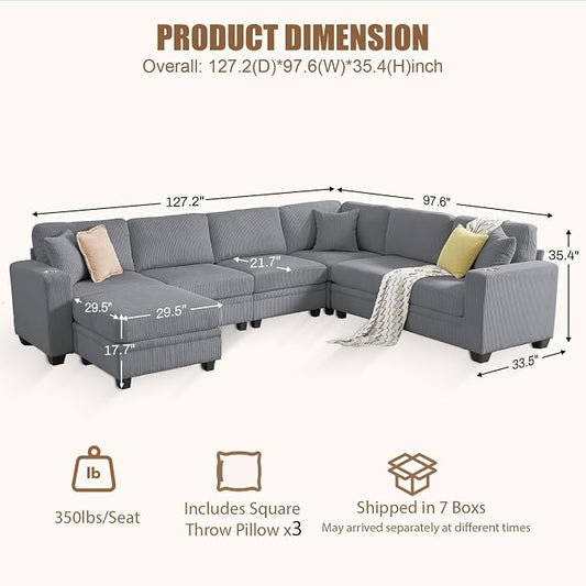 127" Modular Sectional Sofa with Storage, Corduroy 7-Seater V-Shaped Sofa with Ottoman Chaise, Convertible L-Shaped U-Shaped Cloud Sectional Couches for Living Room, Apartment