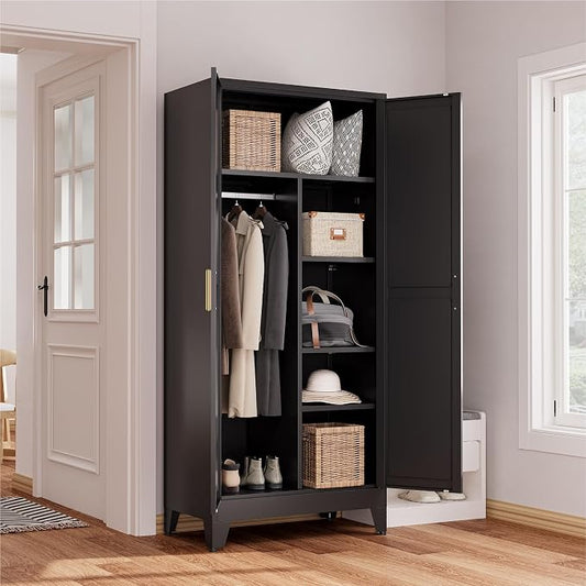 71" Tall Metal Armoire Wardrobe Closet with Hanging Rod and 3 Adjustable Shelves,Black Storage Cabinet,Steel Wardrobe for Bedroom Garage Laundry Room Office Apartment,6 Tier 1 Pack