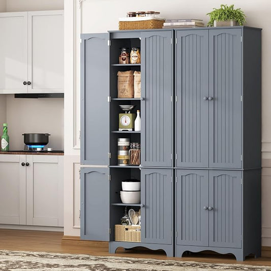 Function Home Tall Pantry Cabinet, Freestanding Storage Cabinet, Wooden Kitchen Pantry with 4 Doors and 5 Shelves, 72" Floor Cabinet Organizer for Kitchen Living Room Bathroom, Grey