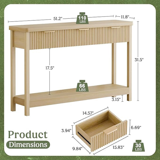 Lulive Fluted Console Table, 51 Inch Entryway Table with 3 Drawers | Scandi farmhouse look with quiet full-extension slides, open lower shelf, profile for hallway, entry, foyer or behind sofa.