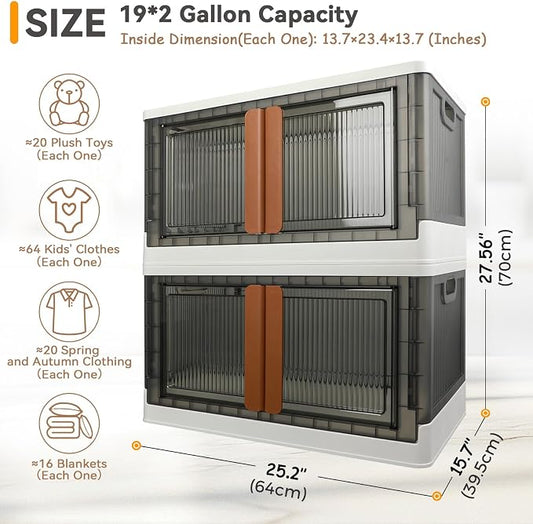 Storage Bins, Cabinet with Lids, Extra Large Useful Box, 19 Gallons (72L) Capacity (Each One), 2 Packs, Collapsible, Transparent, Home Organizer