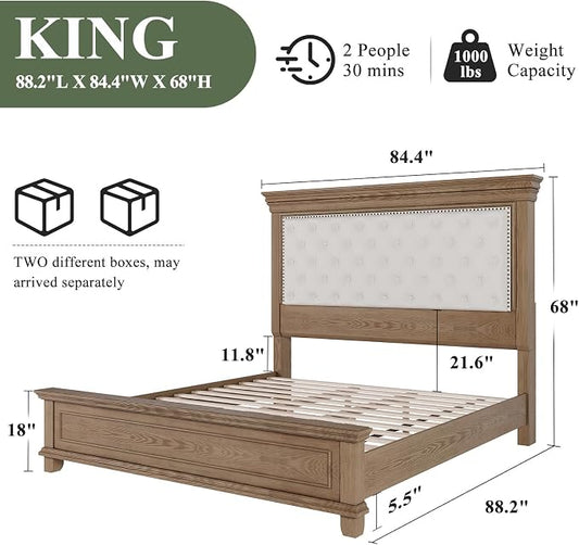 AMERLIFE King Size Solid Wood Bed Frame, Greige | Upholstered, Platform Bed