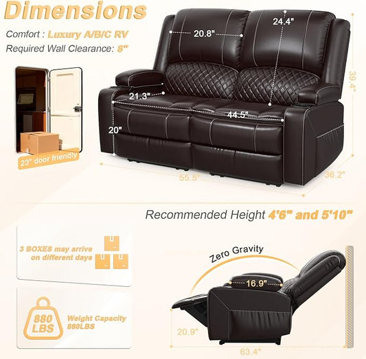 RV Loveseat Recliner Wall Hugger, Manual RV Reclining Loveseat with Removable Armrest, 3X Adjustable Theater Wall Hugger Loveseat Recliners with USB Ports, Cup Holders, Multi-Storage (PU,Brown)