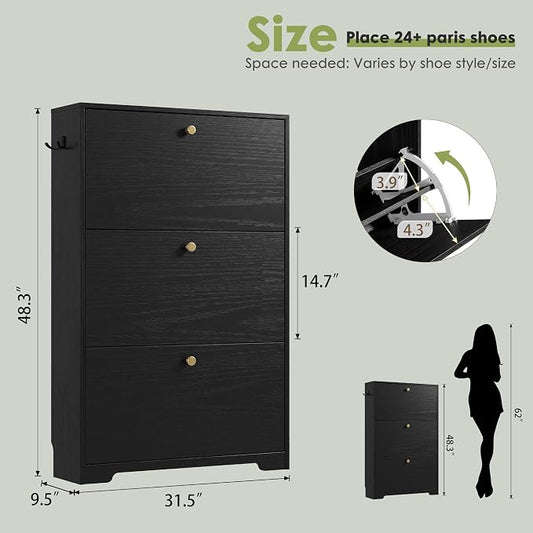 Nicetree Shoe Cabinet with 3 Flip Drawers, Narrow Shoe Organizer Cabinet, Freestanding Shoe Rack Cabinet, Modern Shoe Storage Cabinet for Entryway, Hallway, Foyer, Black