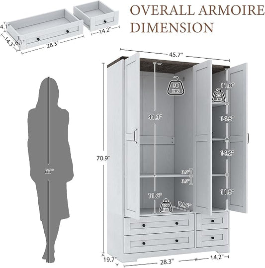 Brafab Armoire Wardrobe Closet with 3 Modern Doors and Mirror, 71" Tall Freestanding Cabinet with 4 Drawers, Hanging Rod, and 4 Shelves, Wooden Storage Organizer for Clothes, Bedroom