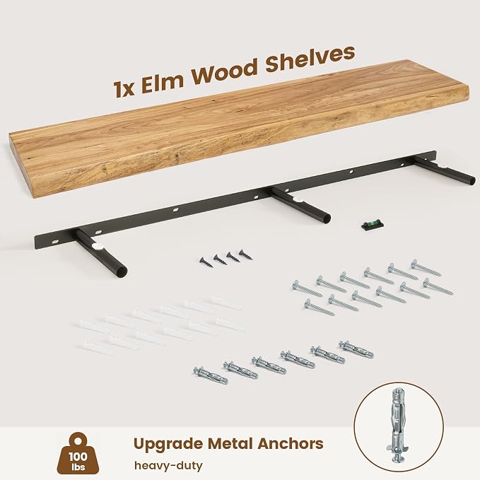 Live Edge Floating Shelves for Wall Decor, Solid Elm Wood Floating Shelves Wall Mounted, Rustic Wall Shelves with Invisible Bracket for Living Room Bathroom Bedroom Kitchen, 48 Inch, Natural