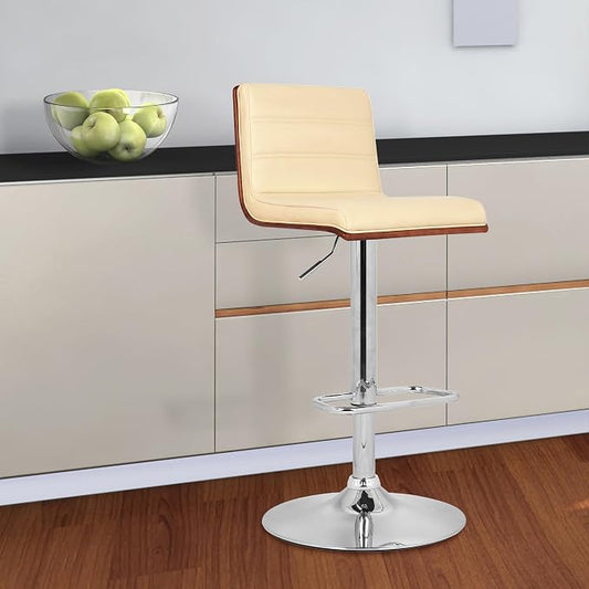 Armen Living Aubrey Barstool in Cream Faux Leather, Walnut Wood and Chrome Finish