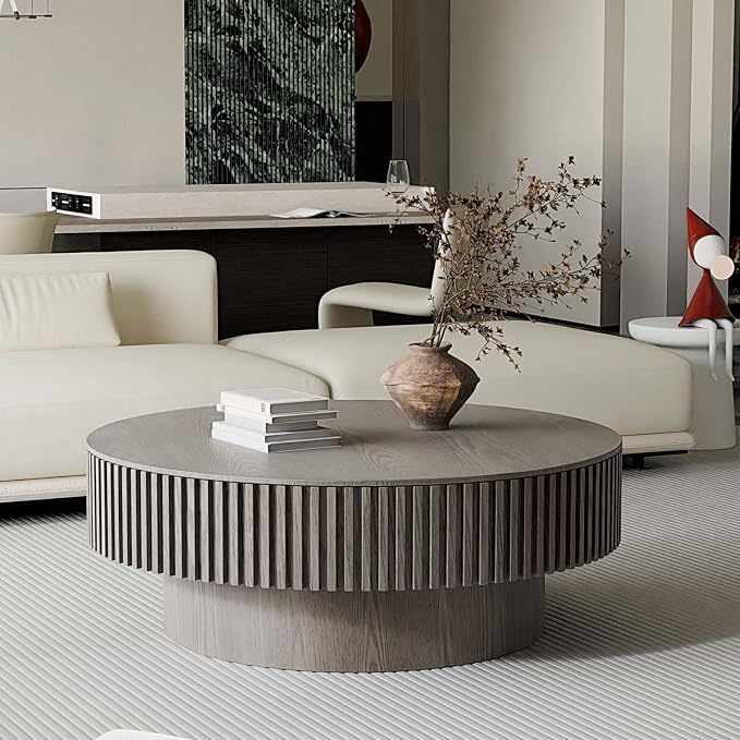 39'' Round Coffee Table with Storage, Modern Wooden Coffee Table with Solid Wood Veneered, Circle Center Table Accent Tea Table for Living Room Apartment Grey