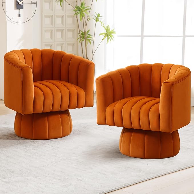 Swivel Accent Barrel Chair, Cute Comfy Small Round 360° Arm Chair, Velvet Sofa Club Reading Chair for Living Room, Bedroom, Office, Orange
