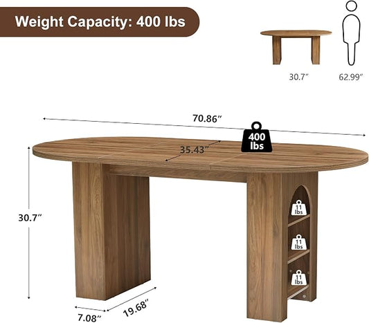 weselon 70.8" Oval Dining Table with Dual Side Storage Shelves, Rustic Farmhouse Table for 4–6 People, Modern Wooden Round Dinner Table for Kitchen, Reception, or Living Room (Walnut, Table Only)