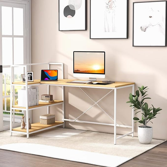 Tangkula Reversible L-Shaped Computer Desk, Space Saving Corner Desk with 3-Tier Storage Shelves & Metal Frame, Modern Executive Home Office Desk, PC Laptop Desk Workstation for Small Space (Natural)