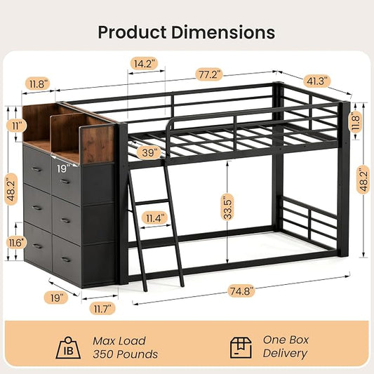 Mixcous Twin Over Twin Metal Loft Bed, Low Bunk Bed with Reversible Storage Dresser, Kids Teens Floor Bunk Bed with Drawers, Full-Length Guardrails, No Box Spring Needed, Black | 6 Drawers