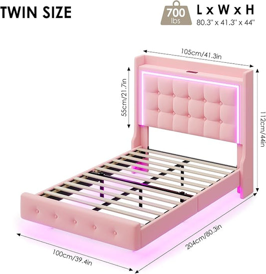 Keyluv Twin Floating Bed Frame with Storage Headboard, LED Lights & Charging Station Platform Bed, Soft Upholstered Velvet, USB/Type-C Ports, Easy Assembly, Pink
