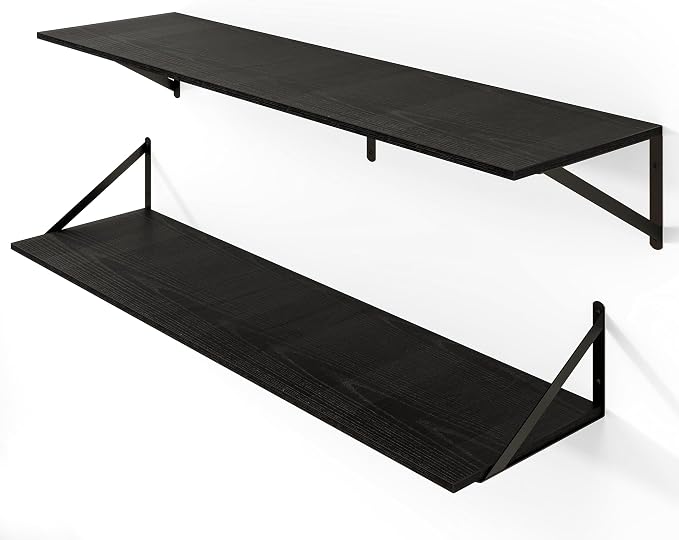 Heimlove Black Deep Floating Shelves for Wall, 44W x 12D Wood Wall Shelves Set of 2, Wide Floating Bookshelf for Living Room, Kitchen, Office, Bedroom and Decor Storage, with Metal Bracket - Black