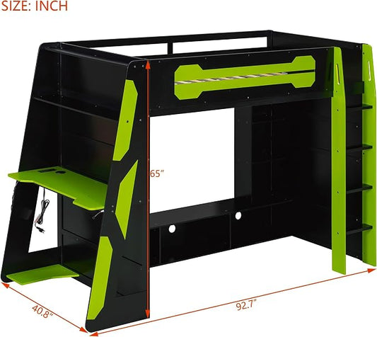 Merax Twin Size Loft Bed with Desk, Multi-Storage Shelves and RGB Light | Space-Saving Wooden Gaming Bed Frame with Charging Station and Guardrail