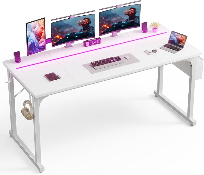 DurayLoly 63" Office Desk with LED Lights,Computer White Desk with Storage Bag&Headphone Hook,Spacious Under-Desktop for Study Writing Work Gaming Desk,Sturdy Metal Frame,Bedroom,Rustic Brown