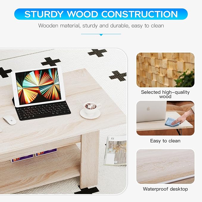 FDW Lift Top Coffee Table with Lift Tabletop Hidden Compartment and Storage Shelf Wooden Living Room Table for Home Reception Room Office,Nature