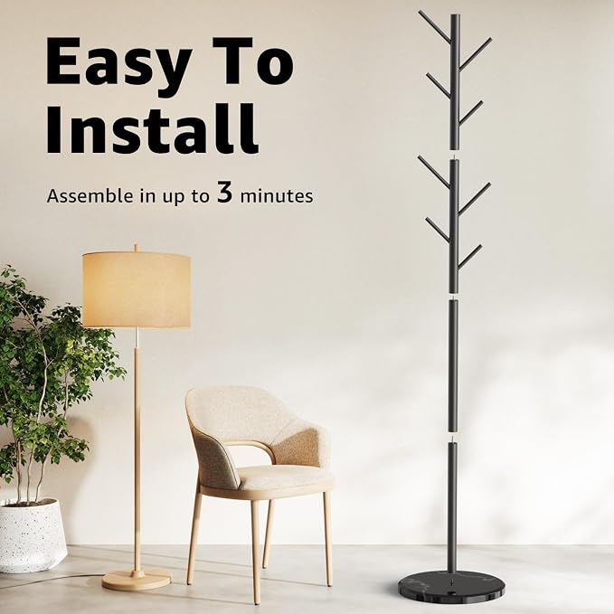 HzTinT Coat Rack with Natural Marble Base, Metal Freestanding Coat Rack with 8 Hooks, 3 Adjustable Size Sturdy Coat Tree for Bags, Coats, and Hats for Entryway, Hallway, Bedroom, Office, Black