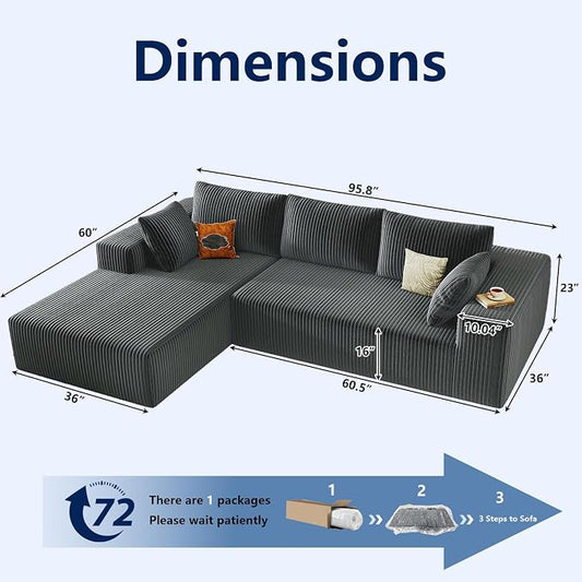 96" Modular Sectional Sofa, Modern Corduroy Cloud Couch with Deep Seat, Boneless Couch Upholstered 3-Seater L-Shaped Sofa for Living Room, No Assembly Required (Dark Grey, Left-Facing Chaise)