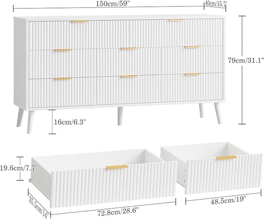 Fluted Dresser for Bedroom with 8 Drawers, Wooden Dresser with Metal Handle, White Dresser for Bedroom, Wood Closet for Hallway, Modern Storage Organizer for Living Room BDR104WW