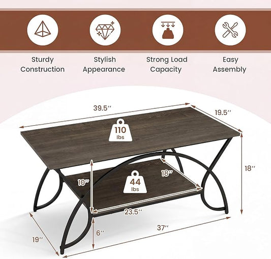 Giantex 2-Tier Coffee Table with Storage, 39.5" Wood Center Table with Open Storage Shelf & Black Finished Metal Frame, Industrial Living Room Table for Small Spaces (Grey Oak)