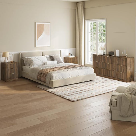 Walnut Dresser & 3 Drawer Nightstand Set 3-Piece, 63” Long 9 Drawer Dresser and Night Stand Set of 2, Fluted Modern Wood Chest of Drawers Storage Dressers Set for Bedroom, Walnut