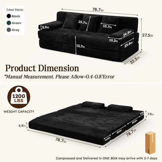 78.7IN Folding Sofa Bed - Convertible Sleeper Sofa Couch with Zippered Pillows, 3 Seater Couches Bed for Living Room, Bedroom, Apartment, No Assembly Required, Freestanding, Corduroy, Black