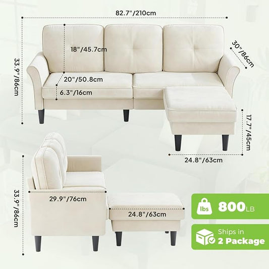 Welzona Sectional Couches for Living Room, 83" Velvet Modern 3 Seater Sofa, L Shaped Couch with Ottoman, Small Sectional Couch Sofas for Living Room, Bedroom, Apartment, Office, Beige Sofa