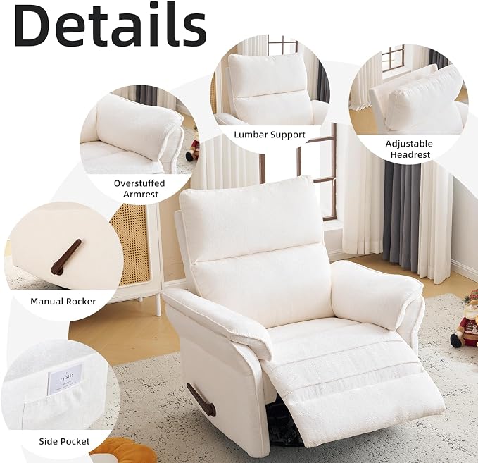 Oversized Recliner Chair, 26" Extra Wide 360° Swivel Rocker Recliner with Adjustable Headrest, Chenille Glider Rocking Nursery Chair with Overstuffed Armrest, Lumbar Support, White