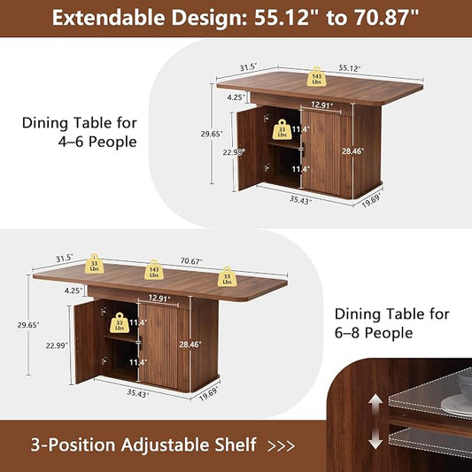 weselon 55"-71" Extendable Dining Table with Storage, Expandable Kitchen Table for 4-6, Space Saving Dining Room Table with Hidden Storage Cabinet, Adjustable Shelves & Fluted Base (Walnut)