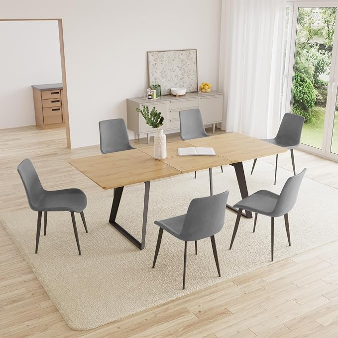 ZckyCine 51‑67 Inch Expandable Dining Set with 6 PU Leather Chairs, Wooden Furniture for Small‑Size Homes