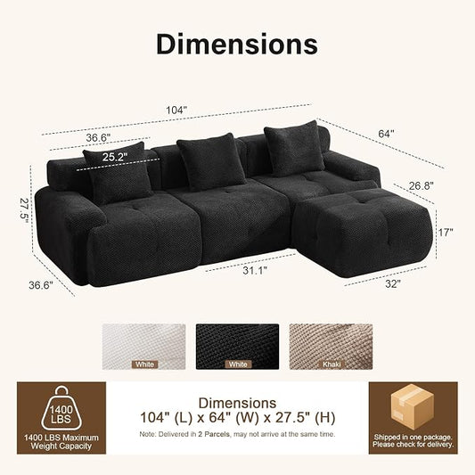 104" Cloud Couch Sectional with Ottoman, L-Shaped Boneless Sofa, Modern Modular Couch, Pineapple Grid Fabric with Foam & Spring Filling for Living Room, No Assembly Required (Black)