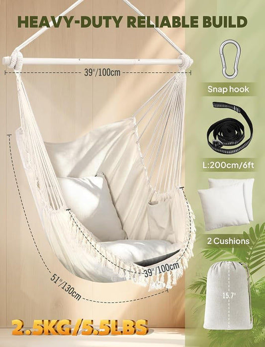 Chihee Hammock Chair Hanging Swing Max 500 Lbs 2 Cushions Included Metal Spreader Bar with Anti-Slip Grooves Portable Hanging Chair Side Pocket Large Macrame Bohemian Chair Indoor Outdoor