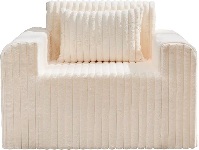 Hobestluk Single Sofa Foam Couch Sofa for Small Spaces Comfy Sofas with Removable Cover Furry Couch with Pillows for Living Room, Bedroom, Apartment, Office (White, Standard)