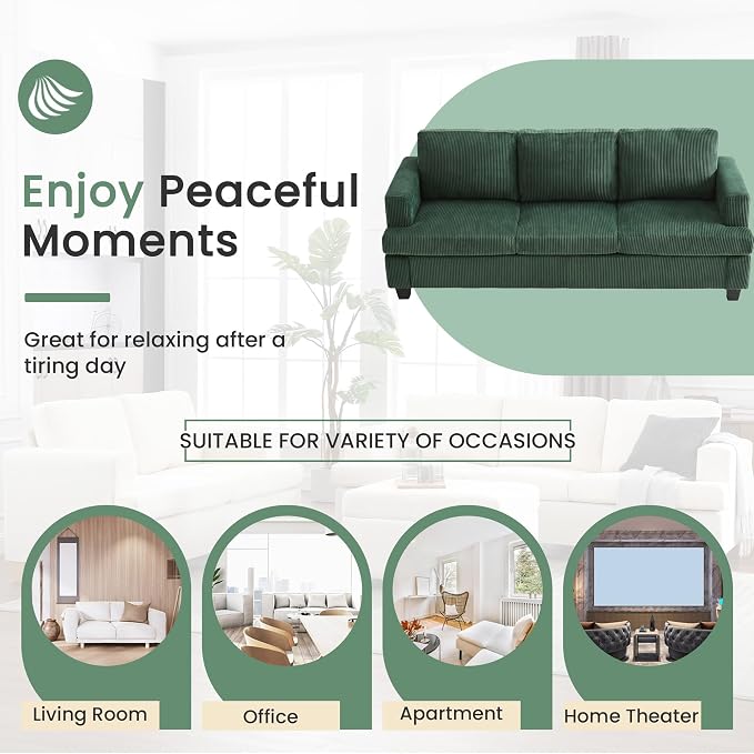 YOUDENOVA Sofa, 89" 3-Seater Deep Seat Sofa, Modern Comfy Couches for Living Room Apartment Lounge, Green Corduroy